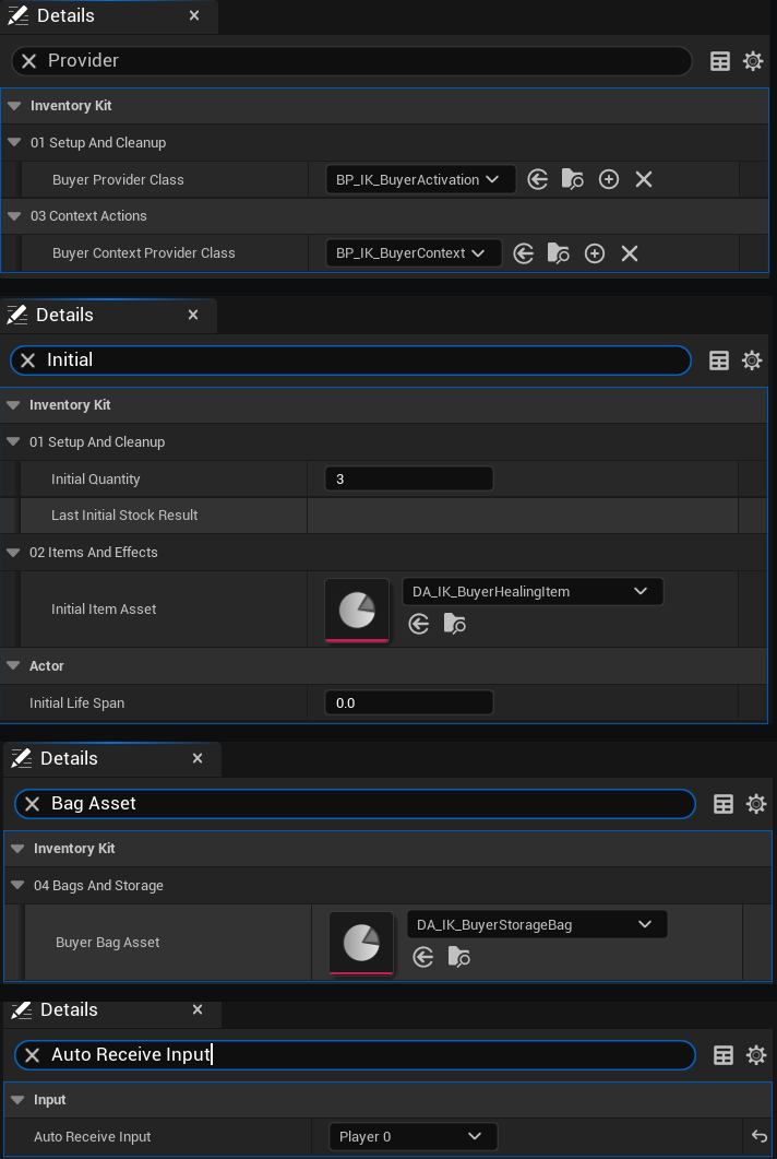 Owner Class Defaults — Provider, initial item, bag and input settings