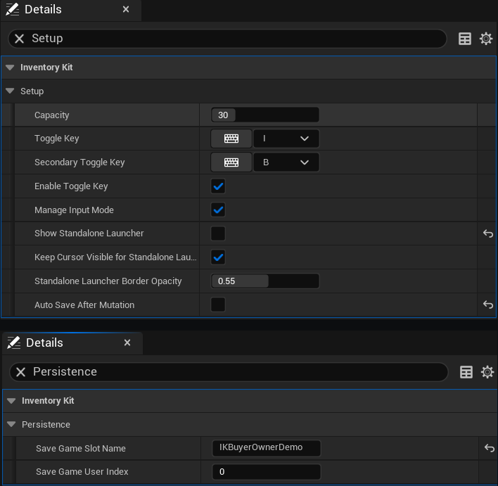 BuyerInventory component settings — Setup and persistence