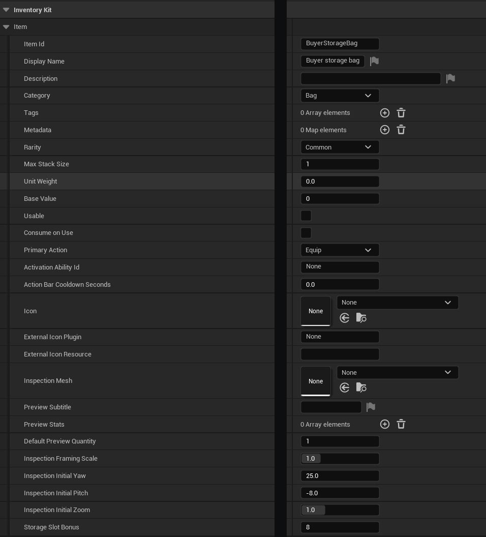 Storage bag definition — Readable settings: label and value columns brought together