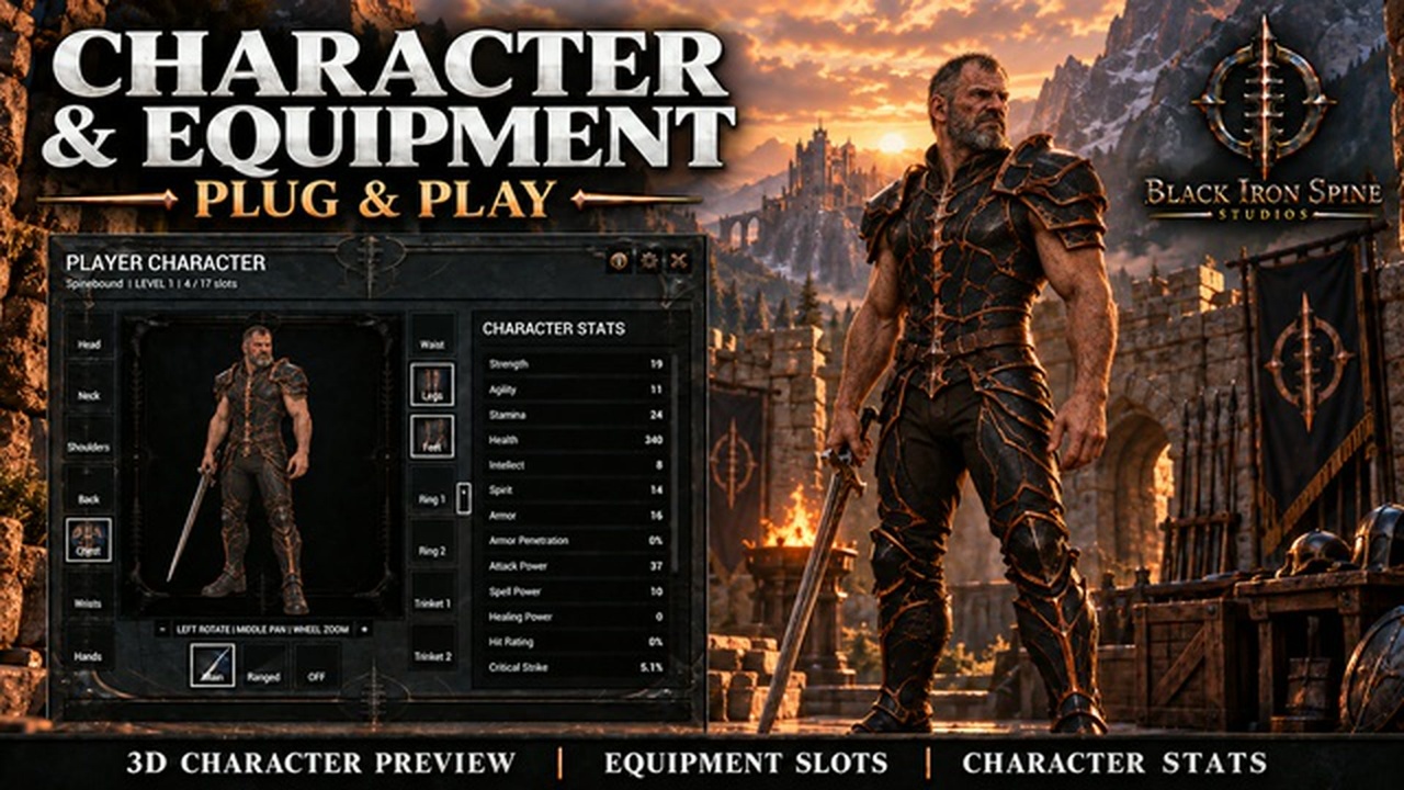 RPG Character and Equipment Fab cover showing the character sheet and promotional armored figure