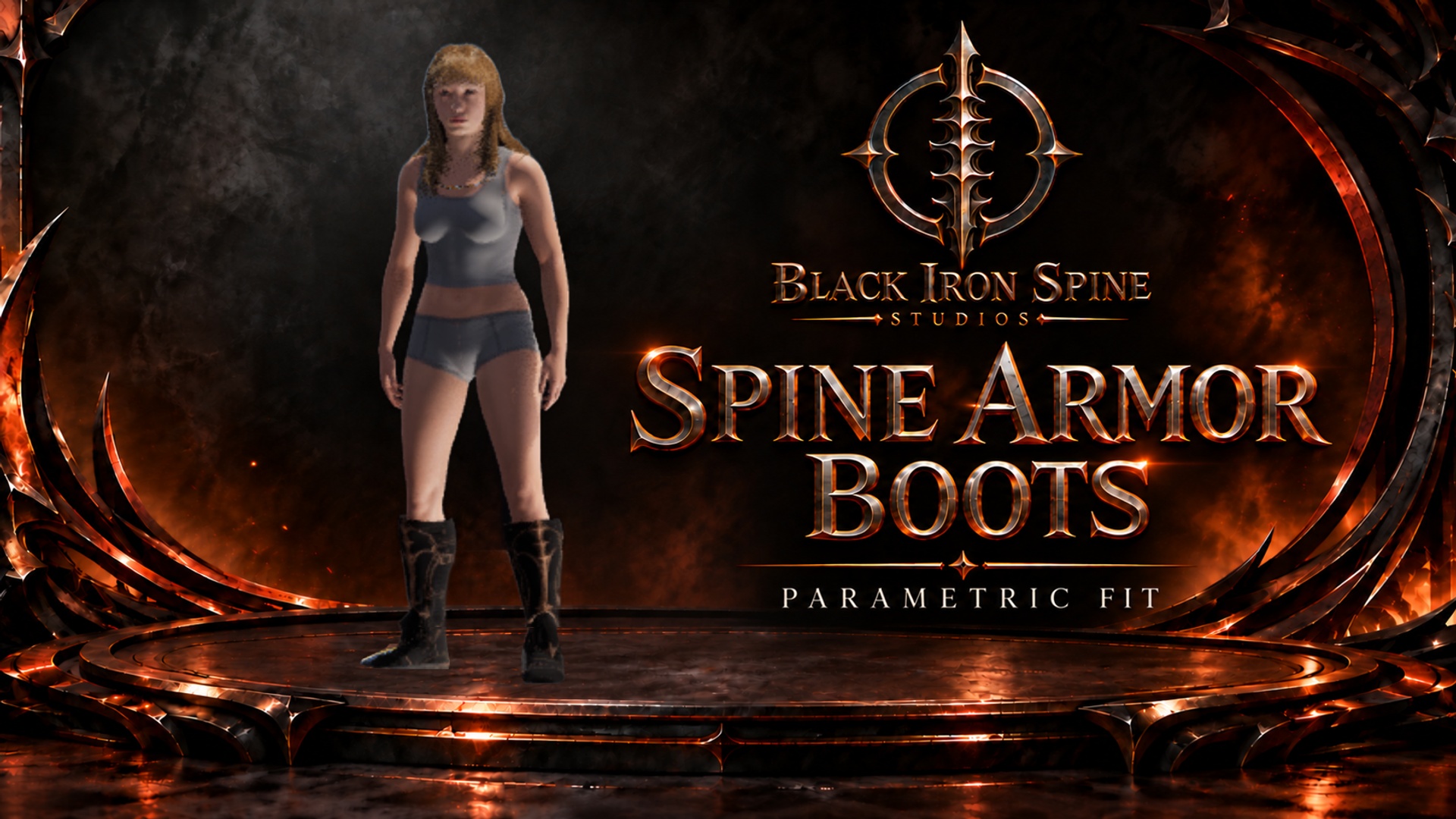 Spine Armored Boots promotional Fab cover; host characters and scenery are excluded